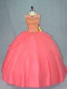 Watermelon Red Sleeveless Beading Lace Up Quinceanera Gown