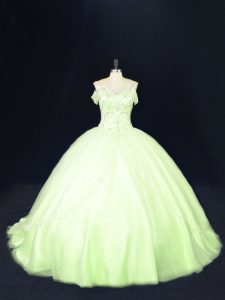 Deluxe Lace Up 15th Birthday Dress Yellow Green for Sweet 16 and Quinceanera with Beading Court Train