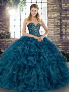 Most Popular Teal Lace Up Sweetheart Beading and Ruffles Vestidos de Quinceanera Organza Sleeveless