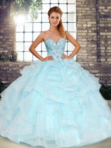 Light Blue Ball Gowns Tulle Sweetheart Sleeveless Beading and Ruffles Floor Length Lace Up 15th Birthday Dress