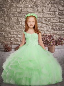 Apple Green Ball Gowns Beading and Appliques and Ruffles Kids Pageant Dress Lace Up Tulle Sleeveless