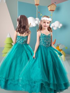 Sleeveless Tulle Floor Length Zipper Little Girls Pageant Dress Wholesale in Teal with Beading and Ruffled Layers