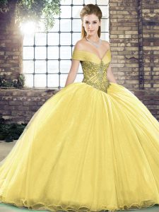 Discount Gold Sleeveless Brush Train Beading Quinceanera Gown