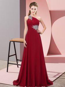 Wine Red Sleeveless Chiffon Brush Train Lace Up Evening Dress for Prom and Party and Military Ball
