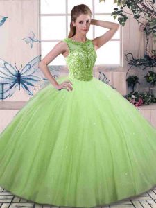 Ball Gowns Scoop Sleeveless Tulle Floor Length Lace Up Beading Ball Gown Prom Dress