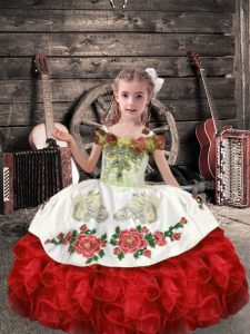 Charming White And Red Organza Lace Up Little Girl Pageant Dress Sleeveless Floor Length Beading and Embroidery and Ruff