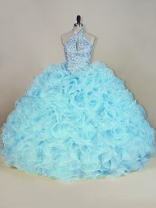 Fashionable Aqua Blue 15th Birthday Dress Sweet 16 and Quinceanera with Beading and Ruffles Halter Top Sleeveless Brush 