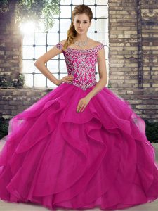 Glittering Tulle Sleeveless Ball Gown Prom Dress Brush Train and Beading and Ruffles
