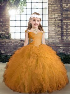 Excellent Gold Ball Gowns Tulle Straps Sleeveless Beading and Ruffles Floor Length Lace Up Child Pageant Dress