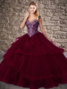 Sumptuous Burgundy Ball Gowns Beading and Ruffled Layers Vestidos de Quinceanera Lace Up Organza Sleeveless
