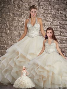 Fantastic Brush Train Ball Gowns Sweet 16 Quinceanera Dress Champagne Halter Top Tulle Sleeveless Lace Up