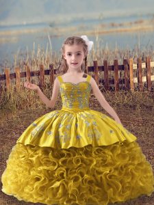 Fabric With Rolling Flowers Straps Sleeveless Sweep Train Lace Up Embroidery Little Girl Pageant Dress in Gold