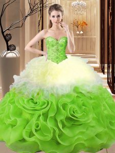 Deluxe Multi-color Fabric With Rolling Flowers Lace Up Sweetheart Sleeveless Floor Length Sweet 16 Dress Beading and Ruf