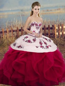 White And Red Tulle Lace Up Ball Gown Prom Dress Sleeveless Floor Length Embroidery and Ruffles and Bowknot