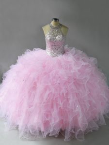 Custom Made Halter Top Sleeveless Lace Up Quinceanera Gowns Pink Tulle