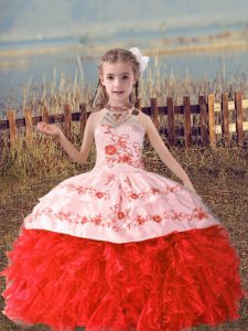 Lovely Halter Top Sleeveless Organza Little Girls Pageant Dress Beading and Embroidery and Ruffles Lace Up