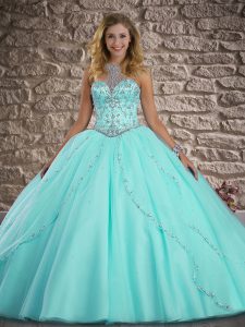 Lace Up 15th Birthday Dress Apple Green for Military Ball and Sweet 16 and Quinceanera with Beading Brush Train
