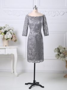 Modern Scoop Half Sleeves Zipper Prom Dress Grey Lace