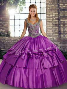 Wonderful Ball Gowns 15th Birthday Dress Purple Straps Taffeta Sleeveless Floor Length Lace Up
