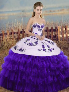 Pretty White And Purple Ball Gowns Organza Sweetheart Sleeveless Embroidery and Ruffled Layers and Bowknot Floor Length 