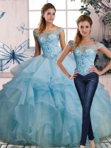 Unique Light Blue Sleeveless Beading and Ruffles Floor Length Quince Ball Gowns