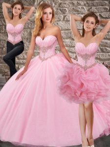 Designer Pink Lace Up Sweetheart Beading and Ruffles Quince Ball Gowns Organza and Tulle Sleeveless Court Train