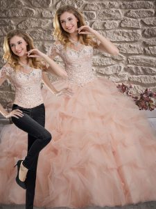 Custom Designed Sleeveless Lace and Pick Ups Lace Up Quinceanera Gown with Pink Sweep Train