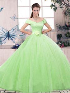 Cute Lace and Hand Made Flower Quinceanera Gown Lace Up Short Sleeves Floor Length