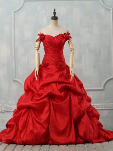 Graceful Red Lace Up Sweet 16 Dress Pick Ups and Hand Made Flower Sleeveless Court Train