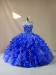 Royal Blue Ball Gowns Organza Sweetheart Sleeveless Beading and Ruffles Floor Length Lace Up 15th Birthday Dress