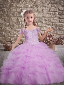 Dramatic Lilac Evening Gowns Off The Shoulder Sleeveless Brush Train Lace Up