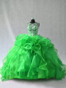 Super Scoop Sleeveless Ball Gown Prom Dress Beading and Ruffles Green Organza