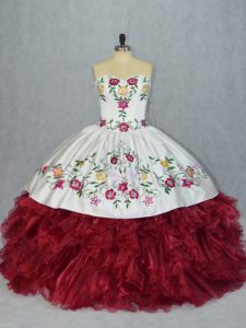 Fitting Sleeveless Organza Floor Length Lace Up Sweet 16 Dresses in White And Red with Embroidery and Ruffles