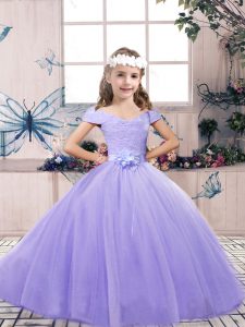 Lavender Ball Gowns Tulle Off The Shoulder Sleeveless Lace and Belt Floor Length Lace Up Pageant Dress for Teens