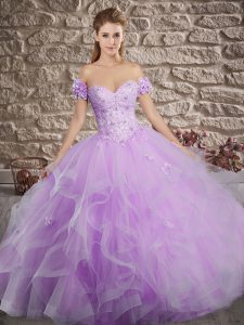 Pretty Lace Up Quinceanera Gowns Lavender for Military Ball and Sweet 16 and Quinceanera with Lace and Ruffles Brush Tra