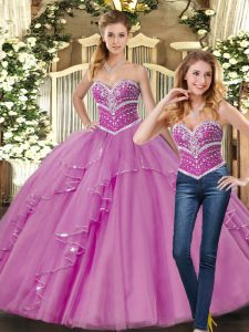 On Sale Floor Length Lace Up Quince Ball Gowns Lilac for Sweet 16 and Quinceanera with Beading