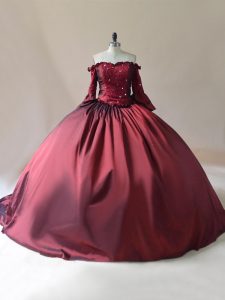 Extravagant Burgundy Satin Lace Up Off The Shoulder Long Sleeves Quinceanera Gowns Brush Train Beading