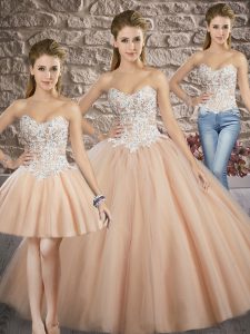 Champagne Lace Up Sweetheart Appliques Sweet 16 Dresses Tulle Sleeveless Brush Train