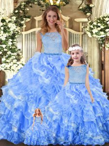 Graceful Light Blue Organza Zipper Scoop Sleeveless Floor Length 15th Birthday Dress Lace and Ruffled Layers