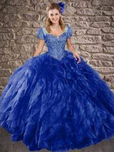 Admirable Royal Blue Sweetheart Lace Up Beading and Ruffles Ball Gown Prom Dress Sweep Train Sleeveless