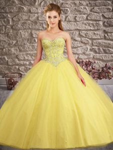 Custom Designed Yellow Ball Gowns Beading Quince Ball Gowns Lace Up Tulle Sleeveless