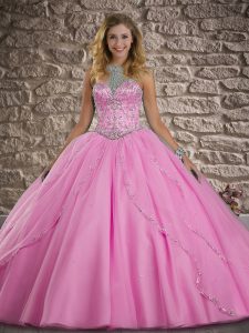 Ball Gowns Sleeveless Rose Pink Quince Ball Gowns Brush Train Lace Up