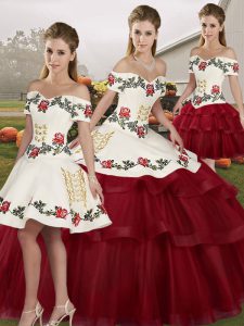 Wine Red Off The Shoulder Neckline Embroidery and Ruffled Layers Quince Ball Gowns Sleeveless Lace Up