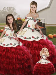 Off The Shoulder Sleeveless Quinceanera Gowns Floor Length Embroidery and Ruffled Layers Wine Red Organza