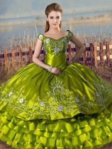 Satin and Organza Off The Shoulder Sleeveless Lace Up Embroidery and Ruffled Layers Ball Gown Prom Dress in Olive Green