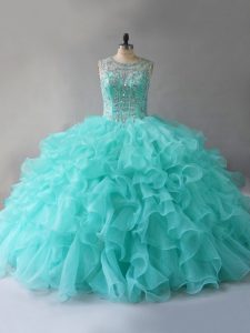 Aqua Blue Ball Gowns Organza Scoop Sleeveless Beading and Ruffles Floor Length Lace Up Quinceanera Gowns