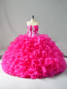 Spectacular Organza Sweetheart Sleeveless Lace Up Appliques and Ruffles Ball Gown Prom Dress in Hot Pink