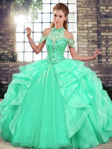 Organza Halter Top Sleeveless Lace Up Beading and Ruffles Sweet 16 Quinceanera Dress in Apple Green