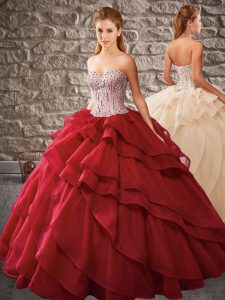 Floor Length Lace Up Quinceanera Dresses Wine Red for Military Ball and Sweet 16 and Quinceanera with Beading and Ruffle