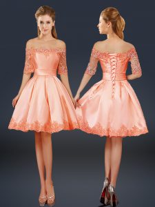 Peach Lace Up Off The Shoulder Lace and Appliques Prom Evening Gown Satin Half Sleeves